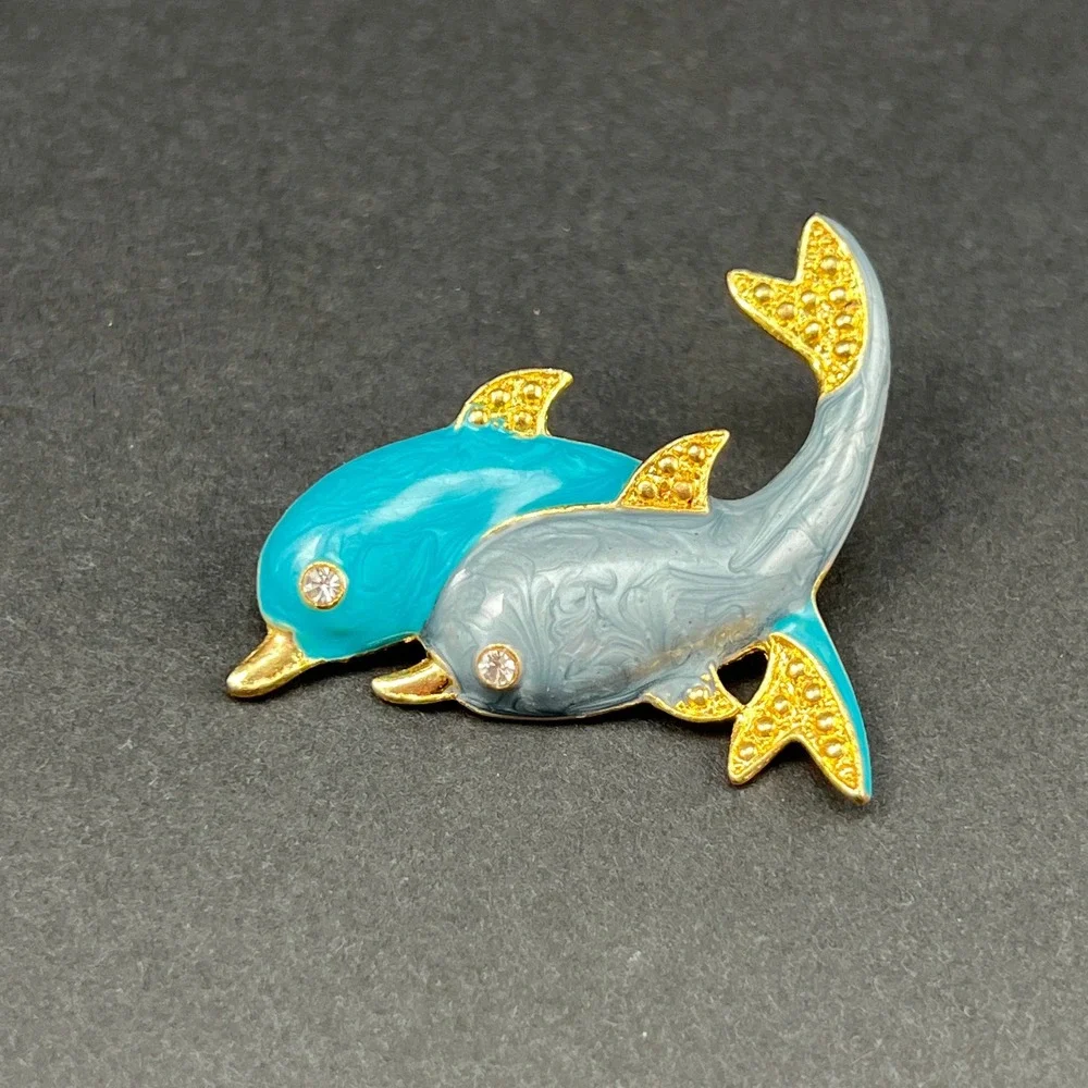 Vintage Dolphin Brooch Blue Gray Enamel Gold Tone Rhinestone Animal Pin